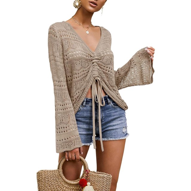 XINQIHANG Womens Boho Off Shoulder Sheer Crop Tops Bell Sleeve Flowy Oversized Crochet Ruched Pullover Sweaters