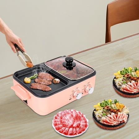 2-in-1 Electric Hot Pot with Grill – Non-stick, Dual Temperature Control, Healthy Smoke-Free Cooking for Indoor BBQ & Fondue – 1L Capacity, 1200W-1500W