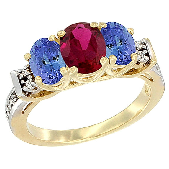 14K Yellow Gold Natural High Quality Ruby & Tanzanite Ring 3-Stone Oval Diamond Accent, size 7.5