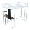 thumbnail image 3 of Metal Loft Bed Frame with Desk, 2 Shelves & Schedule Board, Twin Size Loft Bed with Safety Guardrails and 2 Ladders, Multifunctional Space-Saving Loft Bed, No Noise, No Spring Box Needed, White, 3 of 7