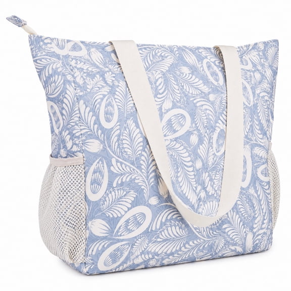 Leaf Print Travel Beach Tote Bag Large Capacity Shoulder Handbag with Multi Pockets Water-resistant for Seaside Shopping Casual for Women, Blue