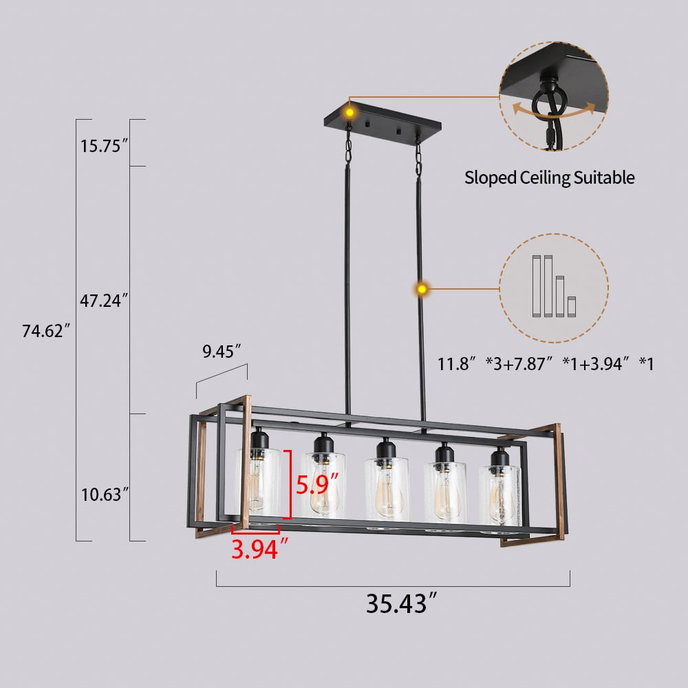 bokifol Black Gold 5-Light Farmhouse Chandeliers Rectangle Kitchen Island Light Fixtures Glass Shade,E26