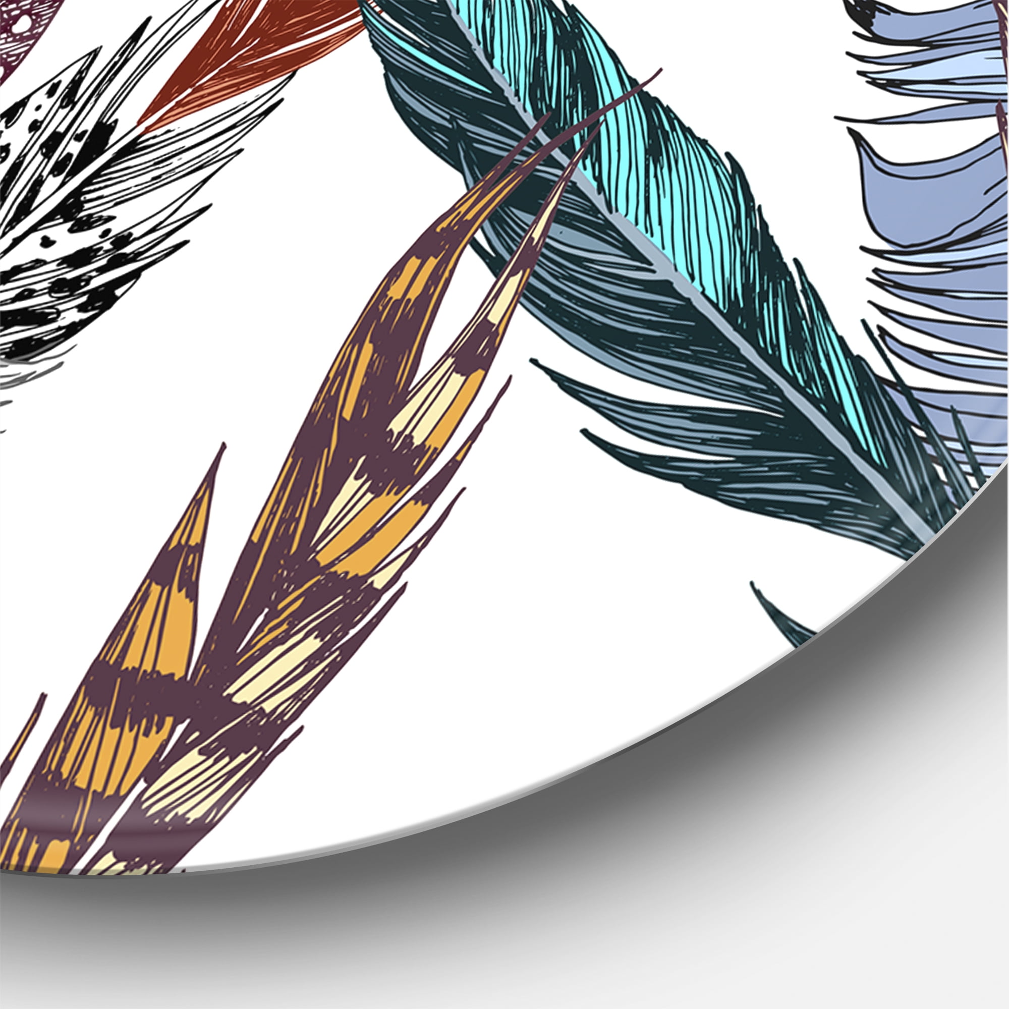 Designart 'Colourful Boho Art Feather Set V' Bohemian & Eclectic Circle Metal Wall Art 36x36 - Disc of 36