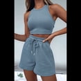 thumbnail image 4 of Conjuntos de Verano para Mujer, Conjunto Informal de 2 Piezas con Top Corto y Pantalones Cortos de Punto Gofre, Ropa de Dormir, Azul , XL, 4 of 9
