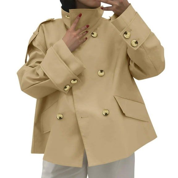RYRJJ Womens Short Trench Coat Oversized Double Breasted Stand Collar Cropped Jacket Fall Fashion Casual Work Outerwear(Khaki,S)