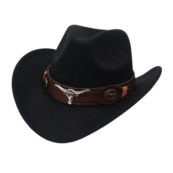 Avaner Western Cowboy Wide-Brimmed Hat for Men Women: Vintage Riding Hat with Bull Logo and Belt Decoration - Classic Rolled-Brim Hat for Outdoor Party Look