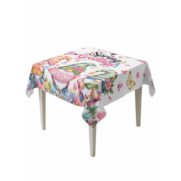 Spring Gnomes Suqare Tablecloth - 60 x 60 Inch, Colorful Flowers Watercolor Butterfly Floral Plant Waterproof & StainResistant Tablecloth, Washable Oil-proof Table Cover for Dining/Party/Wedding