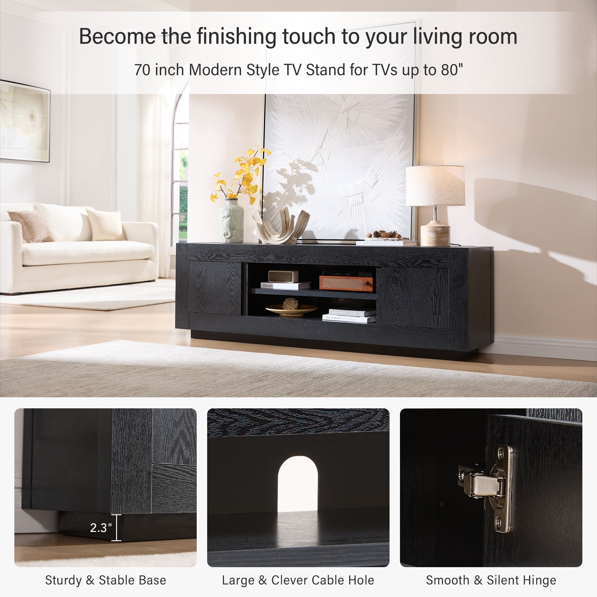 KeyWhat 70" Modern Low Profile TV Stand for TVs up to 80", Open Storage & Adjustable Shelves