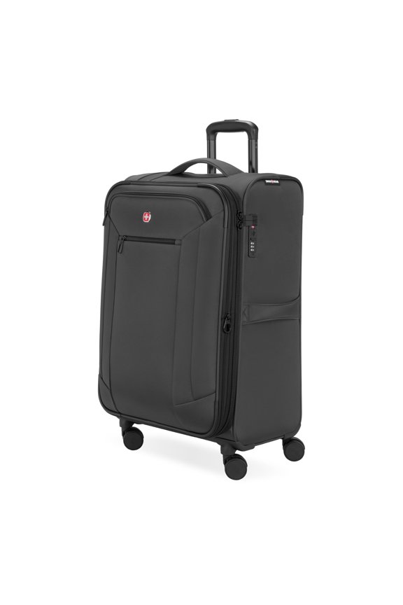 Open Box SWISSGEAR Stride Expandable Medium Checked Spinner Luggage, Dark Gray, 8 Wheels & Built-in TSA Lock