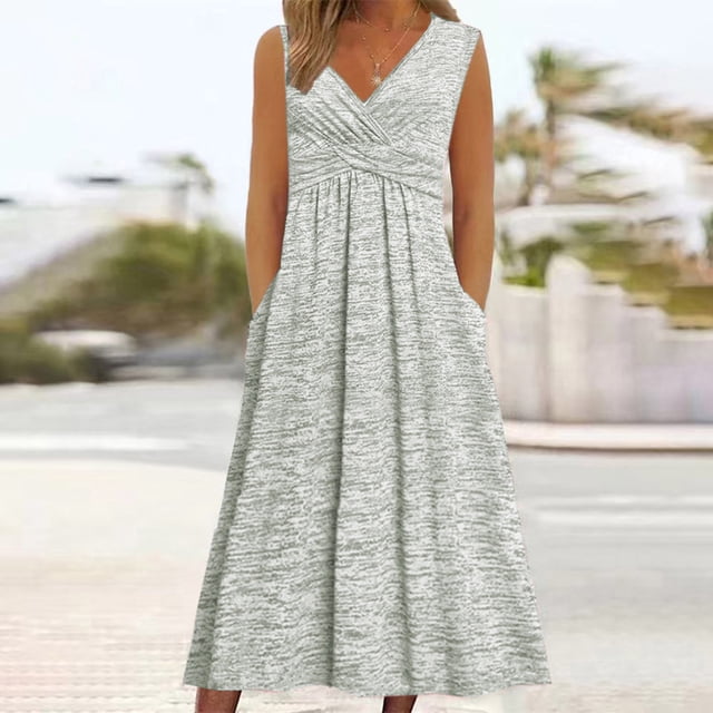 Elvqul Robes Sans Manches pour Femmes, Robe Longue à Enfiler, Col en V, Grande Taille, Fleurie, Grise, d'Été, Robes Camisole pour Femmes