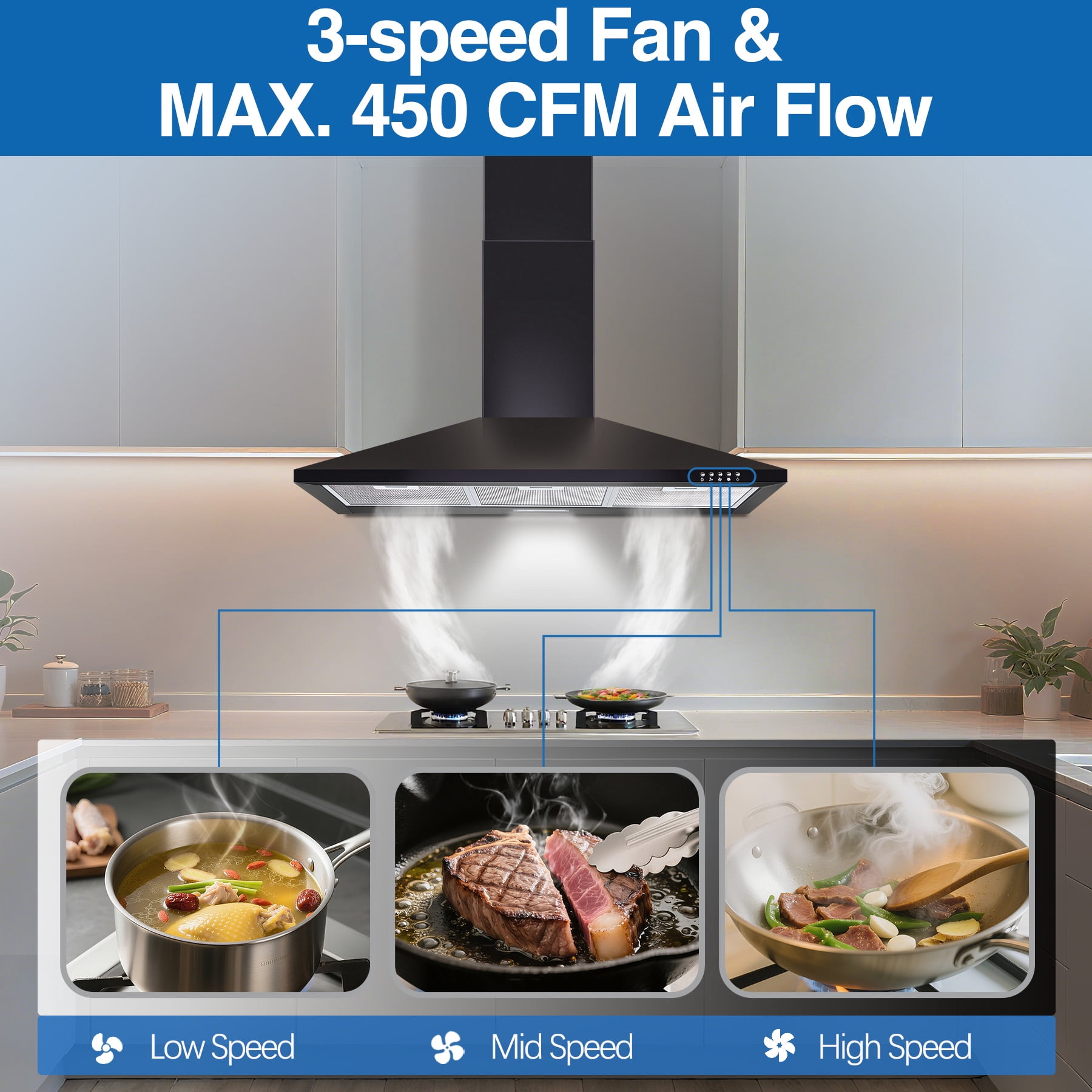 36 Inch Range Hood 450CFM Wall Mount Stainless Steel Kitchen Vent Hood Fan 3 Speed LED Light Chimney Hood Retractable black