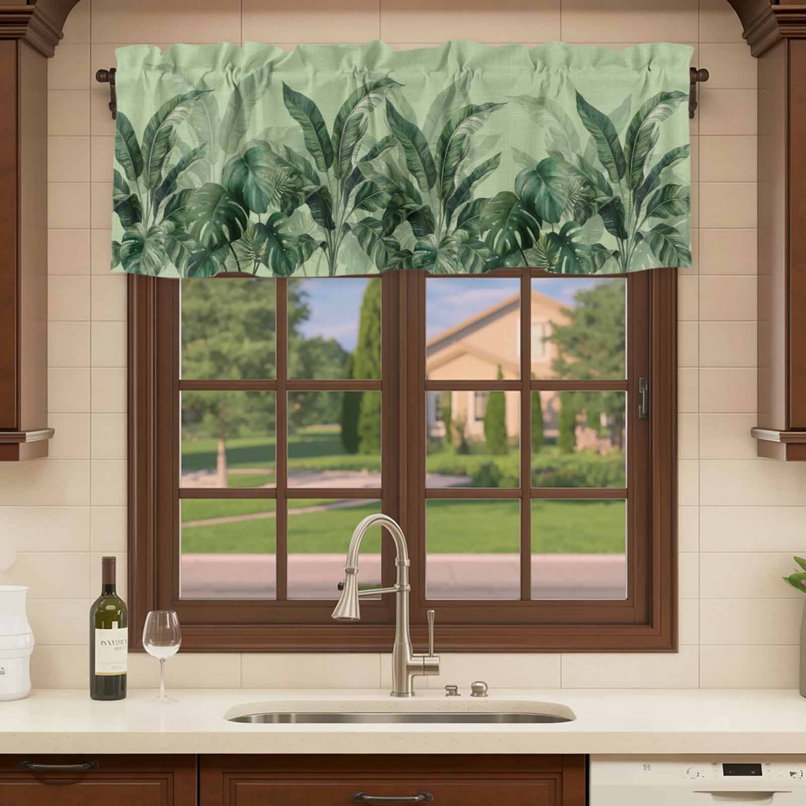 2 Pack Valances for Windows, Palm Leaves Tropical Window Valances for Living Room/Bedroom/Bathroom, Green Botanical Summer Green Ombre Light Filtering Kitchen Curtain Valance 54"W x18" L
