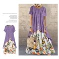 thumbnail image 5 of Primavera y verano nuevo vestido de dos piezas falso con cuello redondo estampado de algodón y lino, 5 of 5