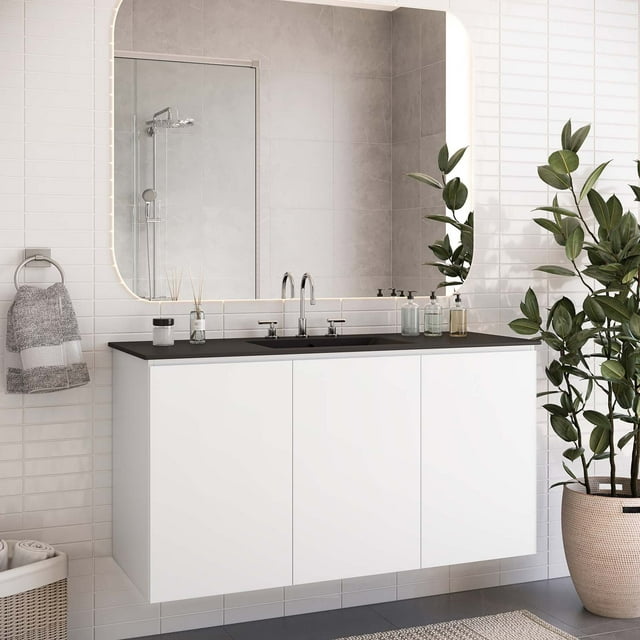 Modway Bryn Meuble-Lavabo de Salle de Bain Mural 48 Pouces Blanc Noir