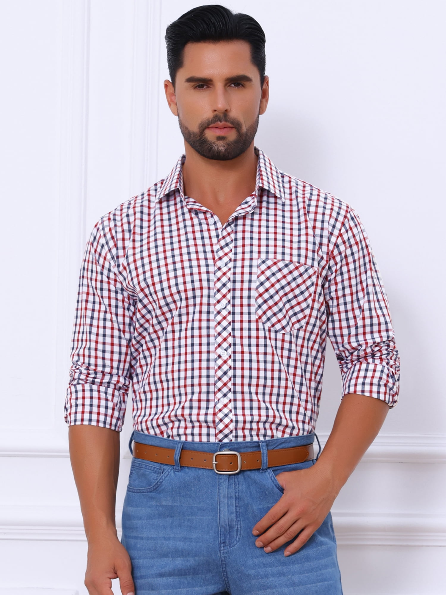 DARING DIVA Men's Long Sleeve Checked Shirt Point Collar Button Plaid Shirt L Red Blue