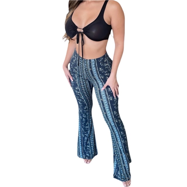 Pantalones acampanados elásticos de cintura alta con estampado bohemio para mujer, pantalones acampanados rectos informales y adelgazantes con estampado floral retro