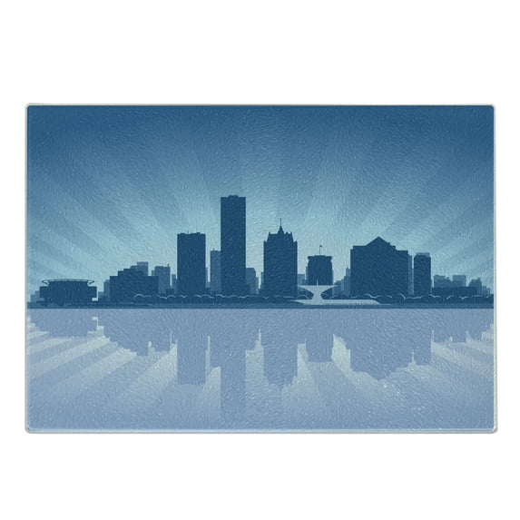 Wisconsin Cutting Board, Silhouette Style with Retro Rays Milwaukee Skyline, Decorative Tempered Glass Cutting and Serving Board, in 3 Sizes, by Ambesonne