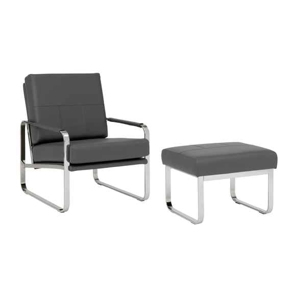 Studio Designs Home Allure Bonded Leather Accent Chair with Ottoman Set, Mid-Century Modern Lounge Chair & Footrest with Chrome Legs for Living Room or Office Guest Seating, Chrome / Smoke