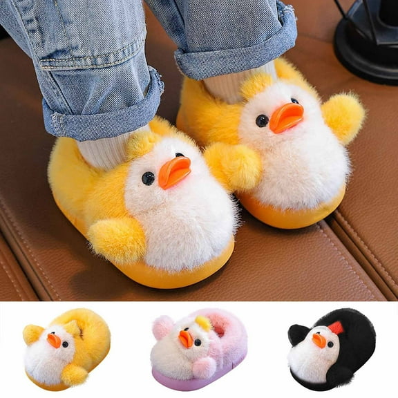 RTKFRFLM Kids Yellow Plush Slippers Warm Lined Thickened Sole Indoor Shoes Yellow 2.5-3 Years