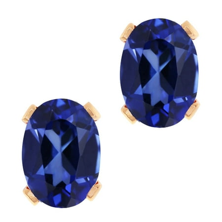 2.06 Ct 7x5mm Blue Simulated Sapphire 925 Rose Gold Plated Silver Stud Earrings