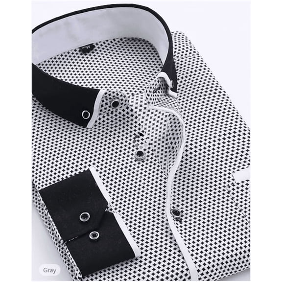 Plus‑Size Men's Black‑White Geometric Print Long‑Sleeve Dress Shirt, Formal Wedding Business Top
