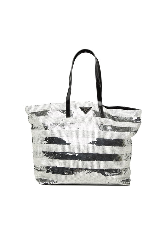 Pre-Owned Prada Logo Tote Bag Shoulder White Silver Sequin Enamel Women's PRADA