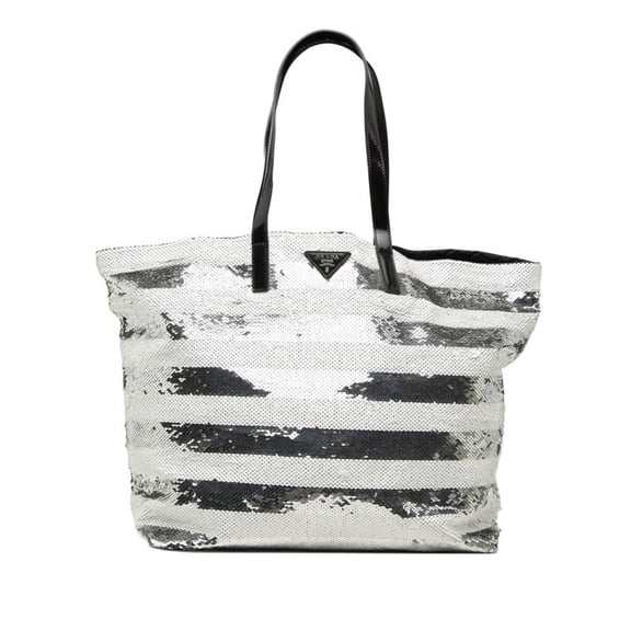 Pre-Owned Prada Logo Tote Bag Shoulder White Silver Sequin Enamel Women's PRADA