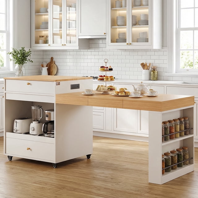 OMCHOM 78.6" Extendable Rolling Kitchen Island 4-6 Seats, Double-Side Storage, Open Shelves & 2 Drawers, White