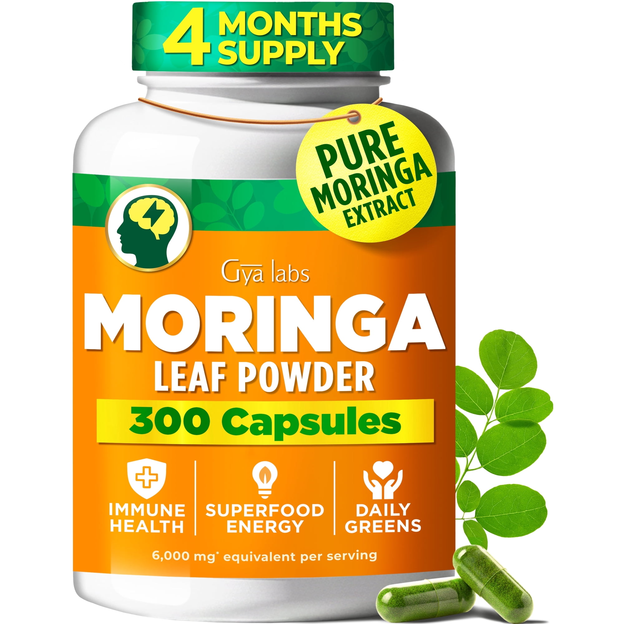 Gya Labs Pure Moringa Leaf Powder Capsules 300 Capsules, Green Superfood for Energy, Immune & Gut Health, Non-GMO