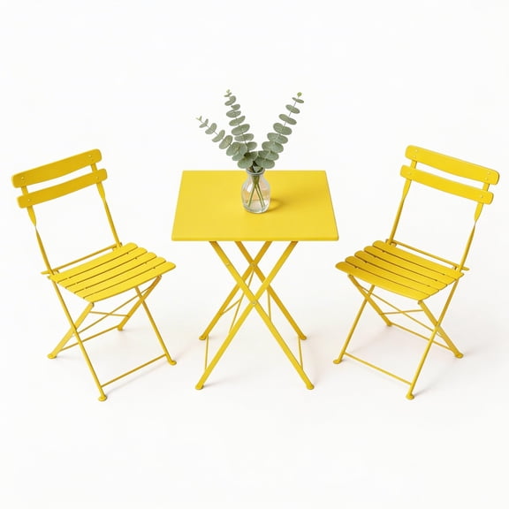 3 Piece Foldable Patio Bistro Set, Outdoor/Indoor Metal Table and Chairs Furniture, Compact Square Table with 2 Folding Chairs for Balcony, Porch, Garden, Apartment, Small Space, Yellow