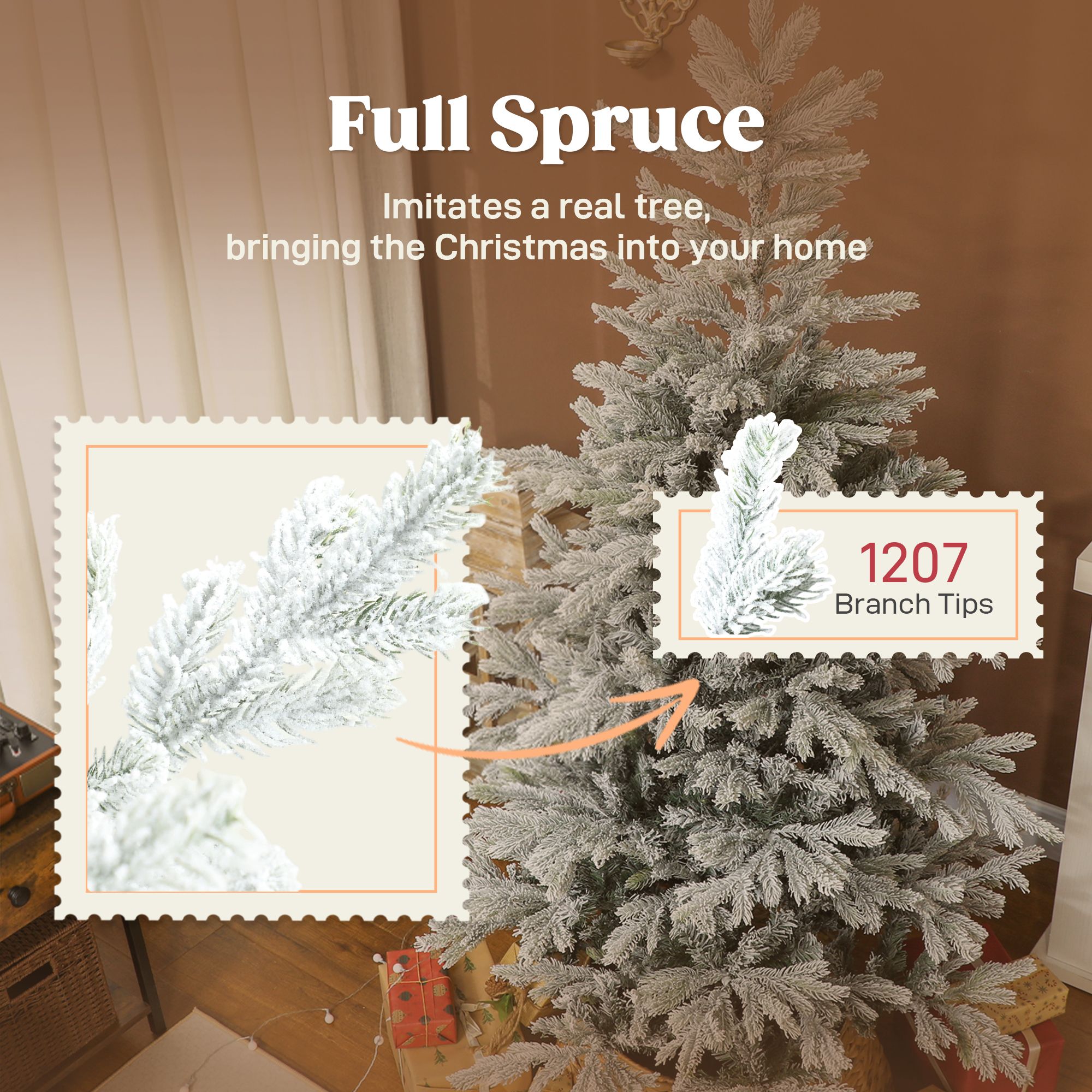 6 ft Artificial Frosted Christmas Tree with 1207 Realistic Branch Tips, Wide Full Spruce, Hinged Assembly, Metal Stand