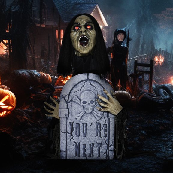 Outsunny 30" Life Size Outdoor Halloween Decorations Female Ghost with Tombstone, Animated Prop Animatronic Decor with Sound and Motion Activated Light Up Eyes, Spooky Sound