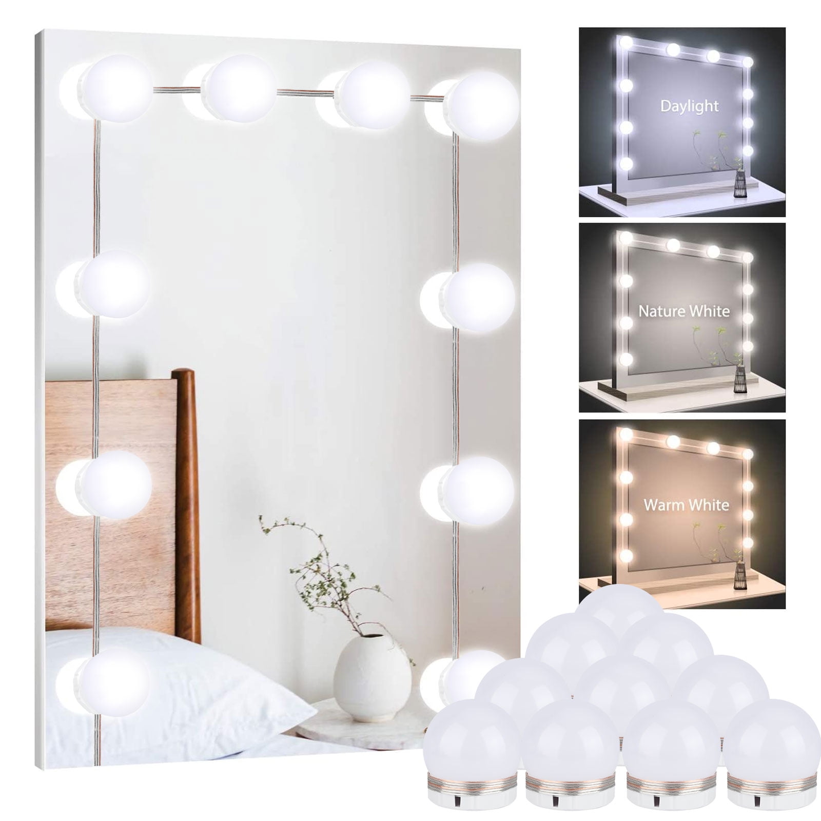Stick on LED Mirror Light Kit for Makeup Vanity Hollywood Mirror Lights for Dressing Table or Vanity Set Hollywood Style LED Vanity Mirror Lights Kit with Dimmable Light Bulbs 14 LED Bulbs
