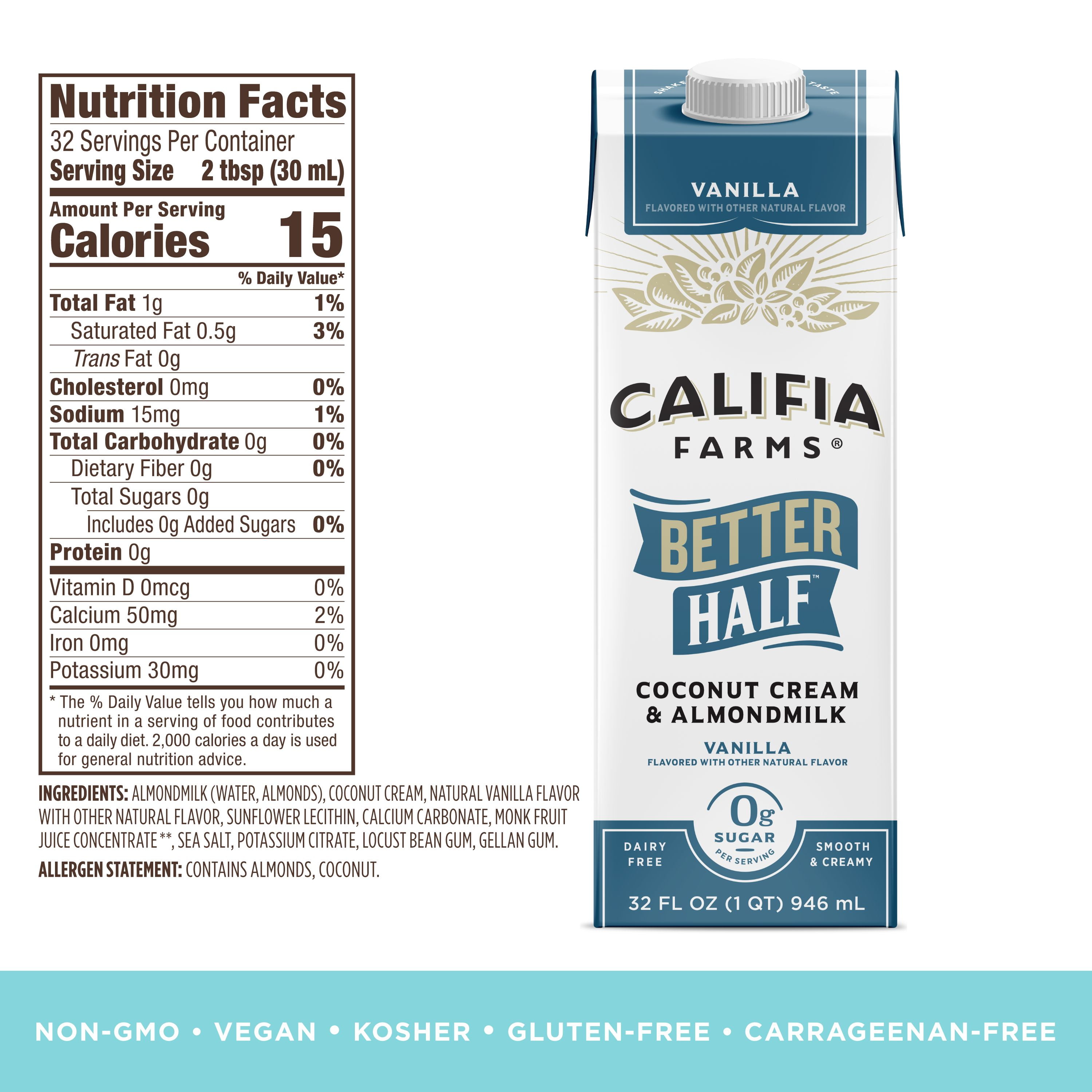 Califia Farms Vanilla Better Half Almond Milk Half and Half 32 Fluid Ounces