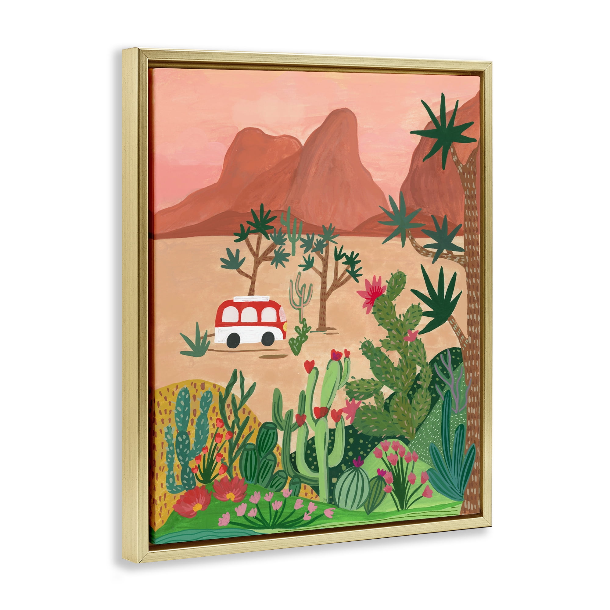 Desert Camper & Cacti Gold Framed Floater Canvas Wall Art, design by Nabeela Rumi