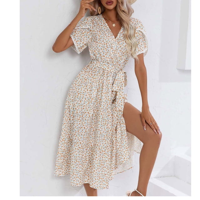 Juesizh Robes pour Femmes Col en V Manches Courtes Taille Ajustée Robe Midi Mode Confortable Imprimé Floral Robe Décontractée d'Été, P-2TG