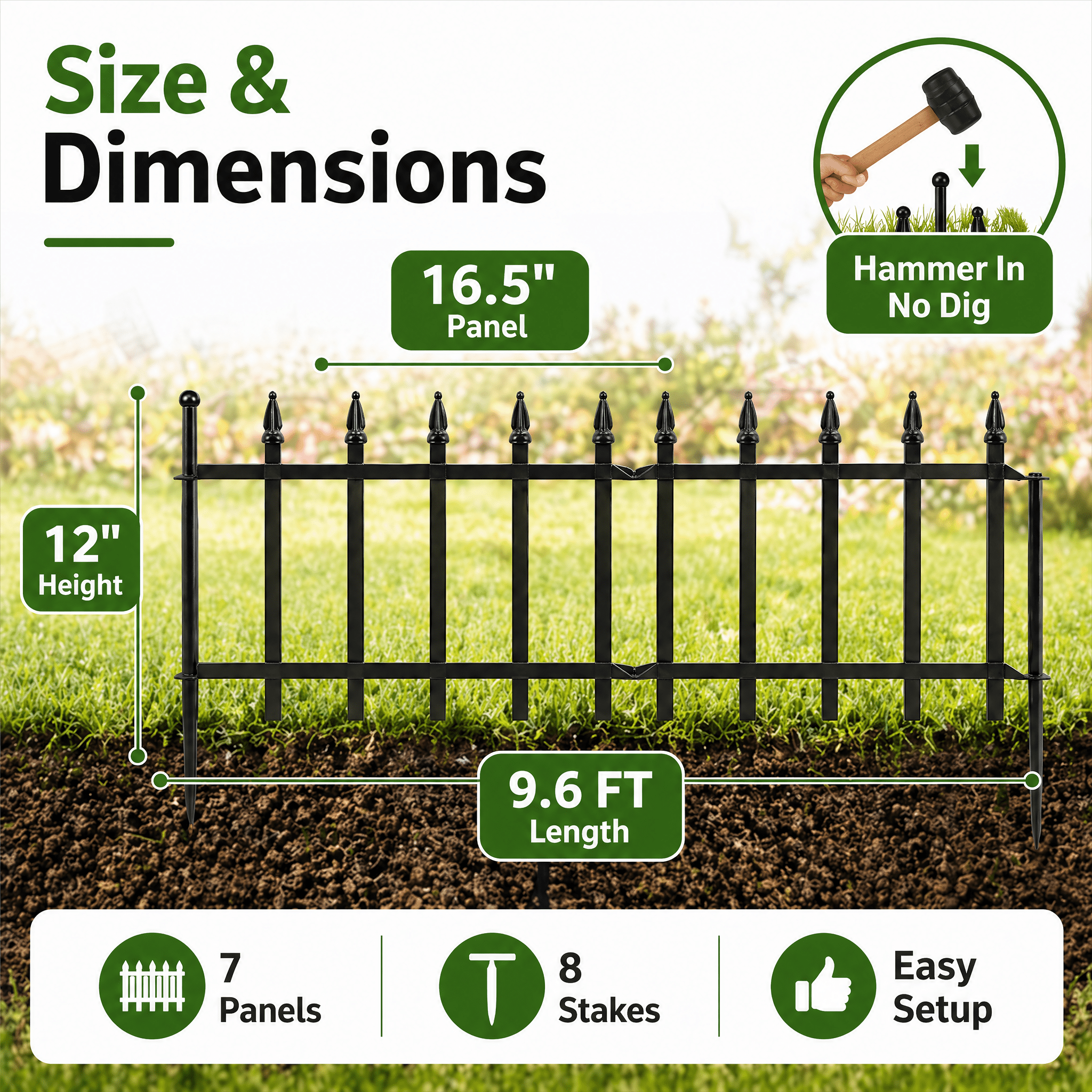 Y&M Decorative Metal Garden Fence, Roman Column Border, 12 in x 9.6 ft, 7 Panels, Black