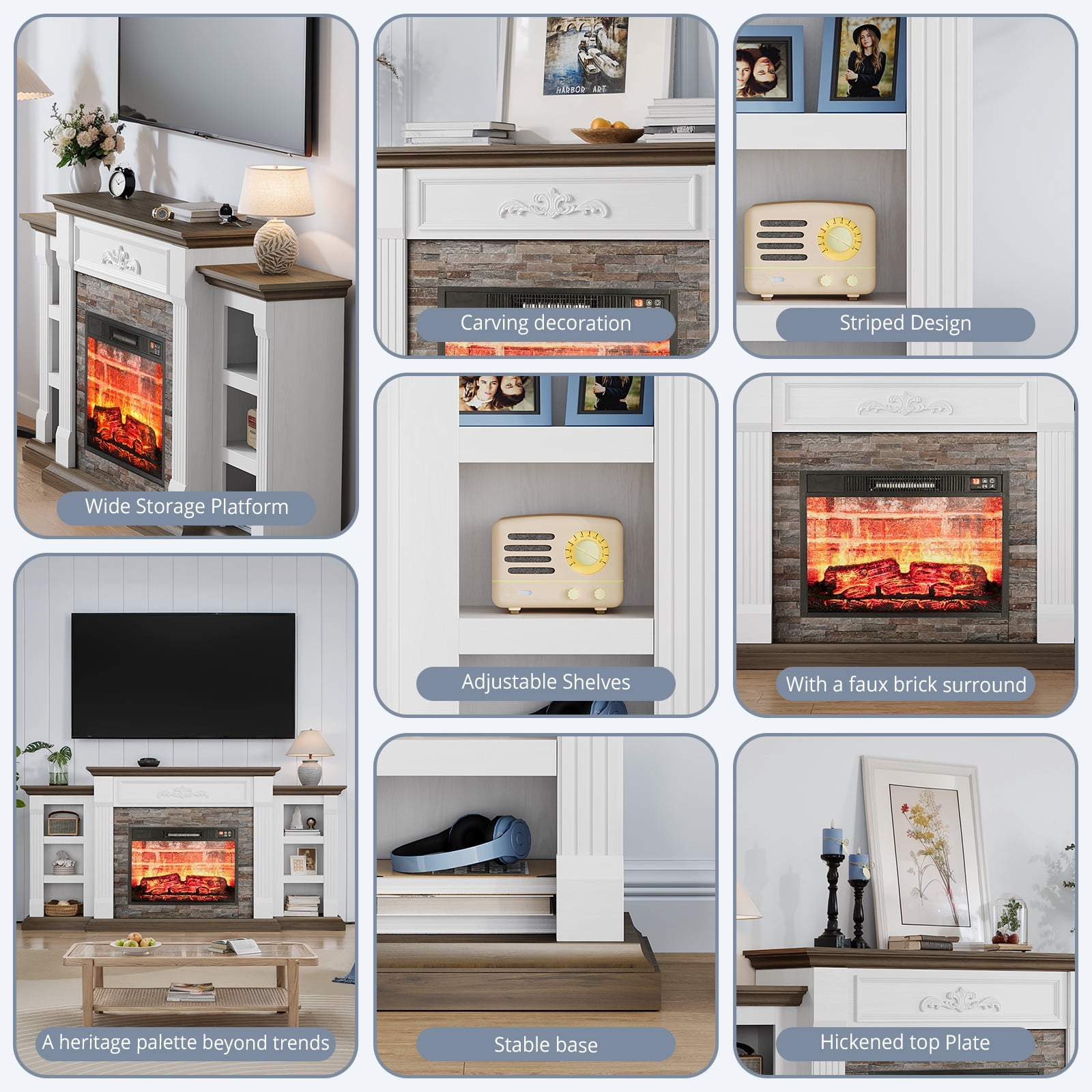 72" Electric Fireplace with Mantel, Stacked Stone Surround with 23" Fireplace Insert, Adjustable Flame, Red Brick Fireplace, White Brown