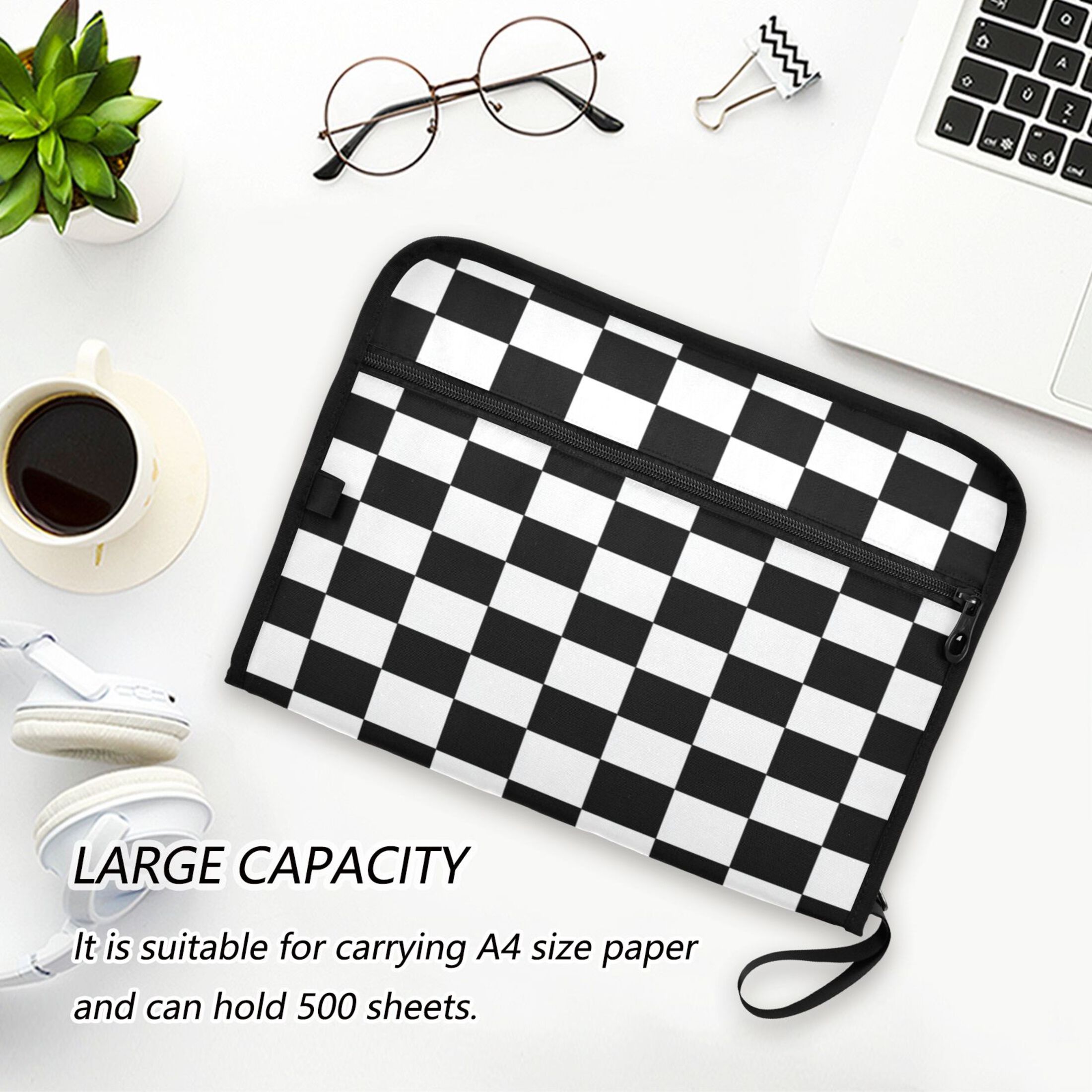 Accordion File Organizer with Zip Closure 13 Pockets Expanding File Folder Letter A4 Paper Document Organizer for Home Office Black and White Check