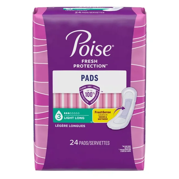 Poise Incontinence Pads for Women, Light Absorbency, Long Length, 4x24 Count