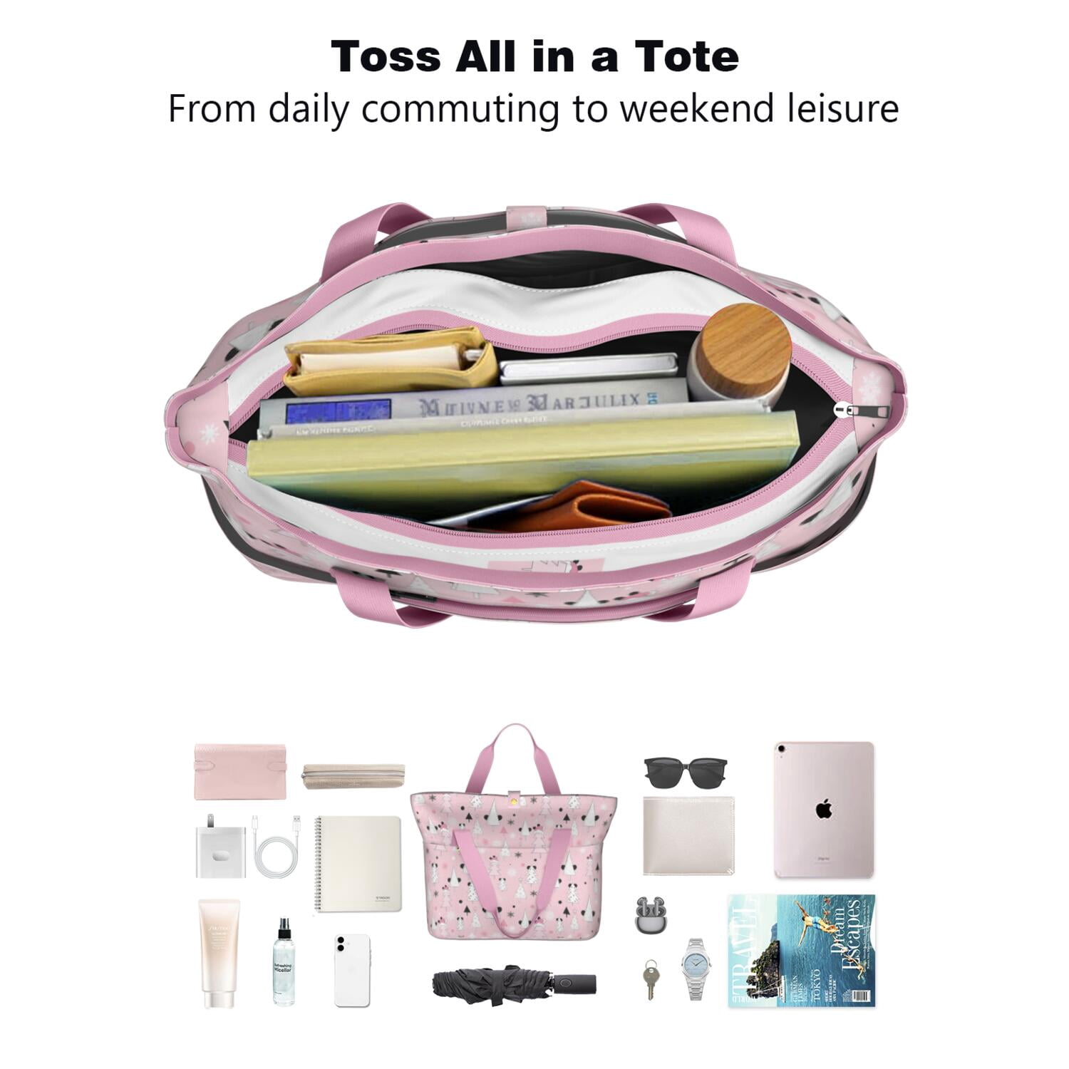 Tote Bag for Women - Pink Christmas Tree Pattern Shoulder Bag - Large Utility Work Duffle Bag with Zipper Handbag for Travel, Work, Sprots