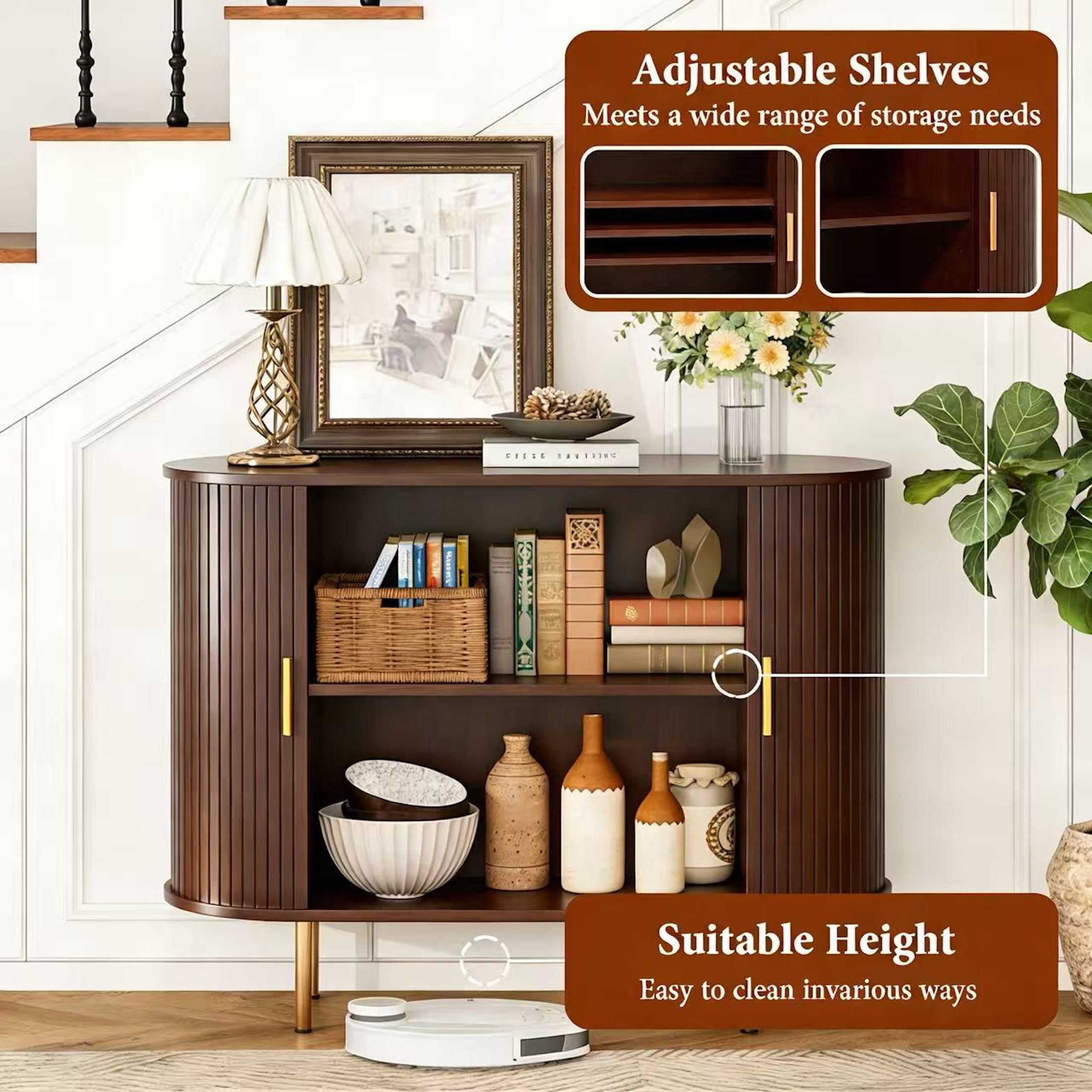 Aisword Sideboard Buffet Cabinet with Storage,Mid Century Modern Fluted Accent Coffee Bar Console Table,Tambour Sliding Doors& Adjustable Shelf for Kitchen, Living Room, Entryway, 40 Inch Dark Walnut