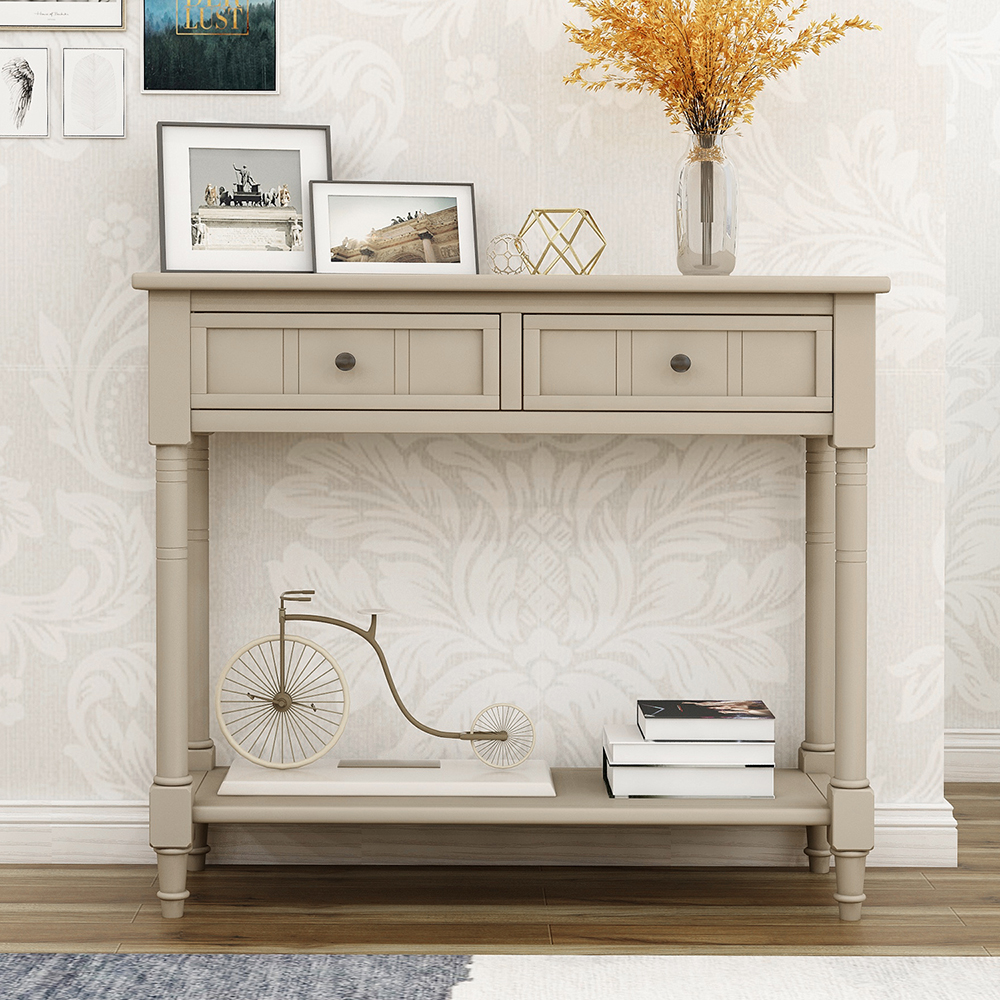 Kepooman Daisy Series Wooden Console Table with 2 Drawers & Bottom Shelf for Entryway, Acacia Mangium, 35.43" L x 13.8" W x 29.9" H, Retro Grey Kepooman Daisy Series Wooden Console Table with 2 Drawers & Bottom Shelf for Entryway, Acacia Mangium, 35.43" L x 13.8" W x 29.9" H, Retro Grey
