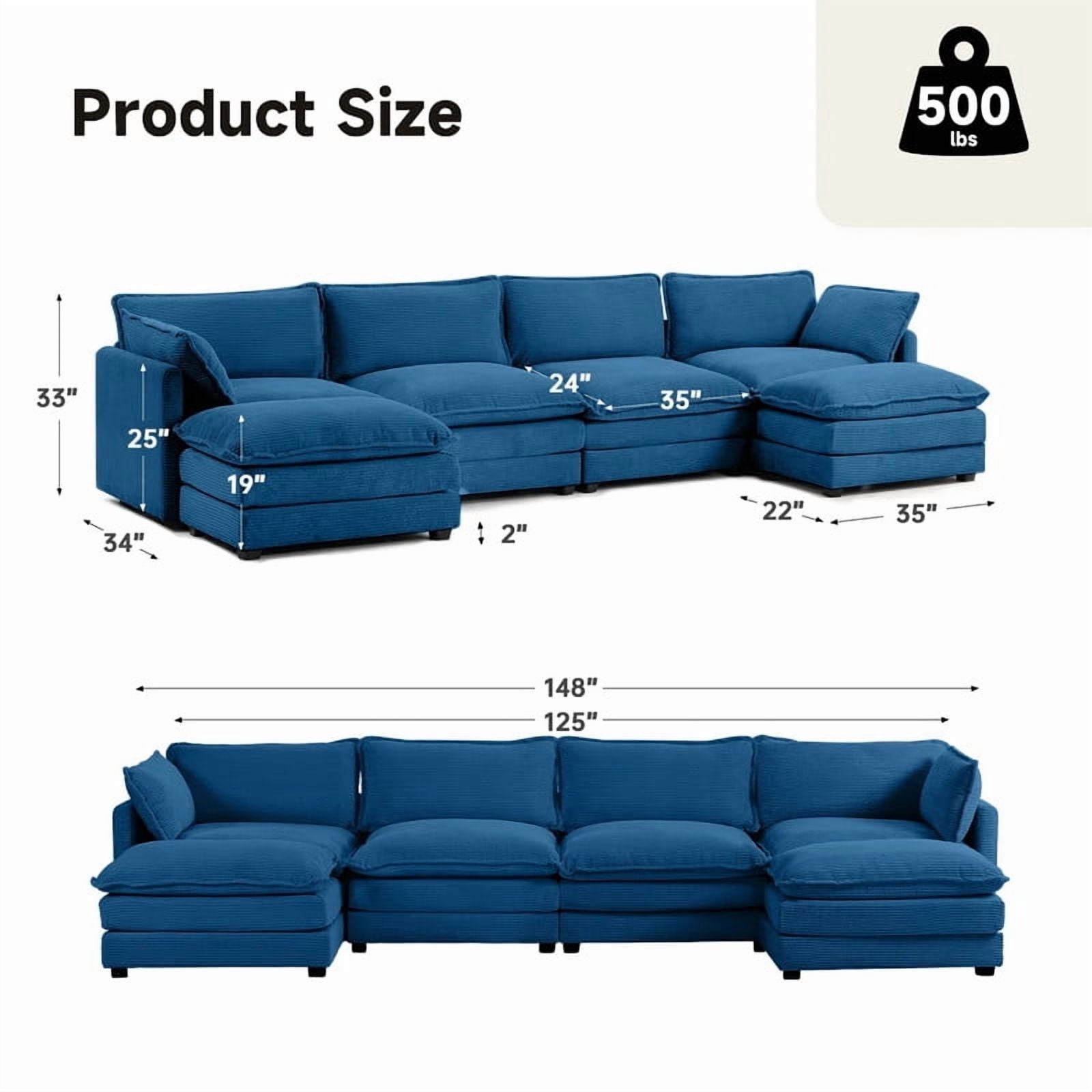 RIAFUN Sectional Cloud Couch with 2 Ottomans, Oversized U-Shaped Modular Corduroy Sofa, Convertible 4 Seat Sleeper Sofa Furniture Set for Living Room and Office, Navy