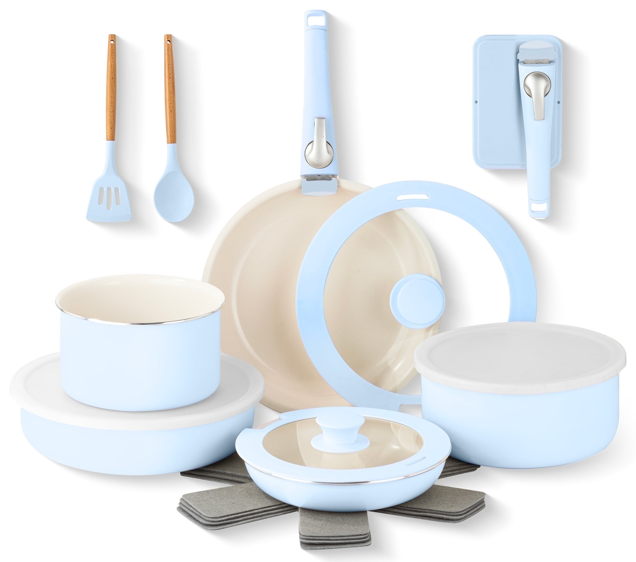 Gotham Steel 18 Pcs Pots and Pans set Non Stick, Ceramic Pan Cookware Set W/ Detachable Handle, RV Kitchen Cooking Set with Secure Lock Removable Handles, Oven Safe Nonstick Pan Set, Blue