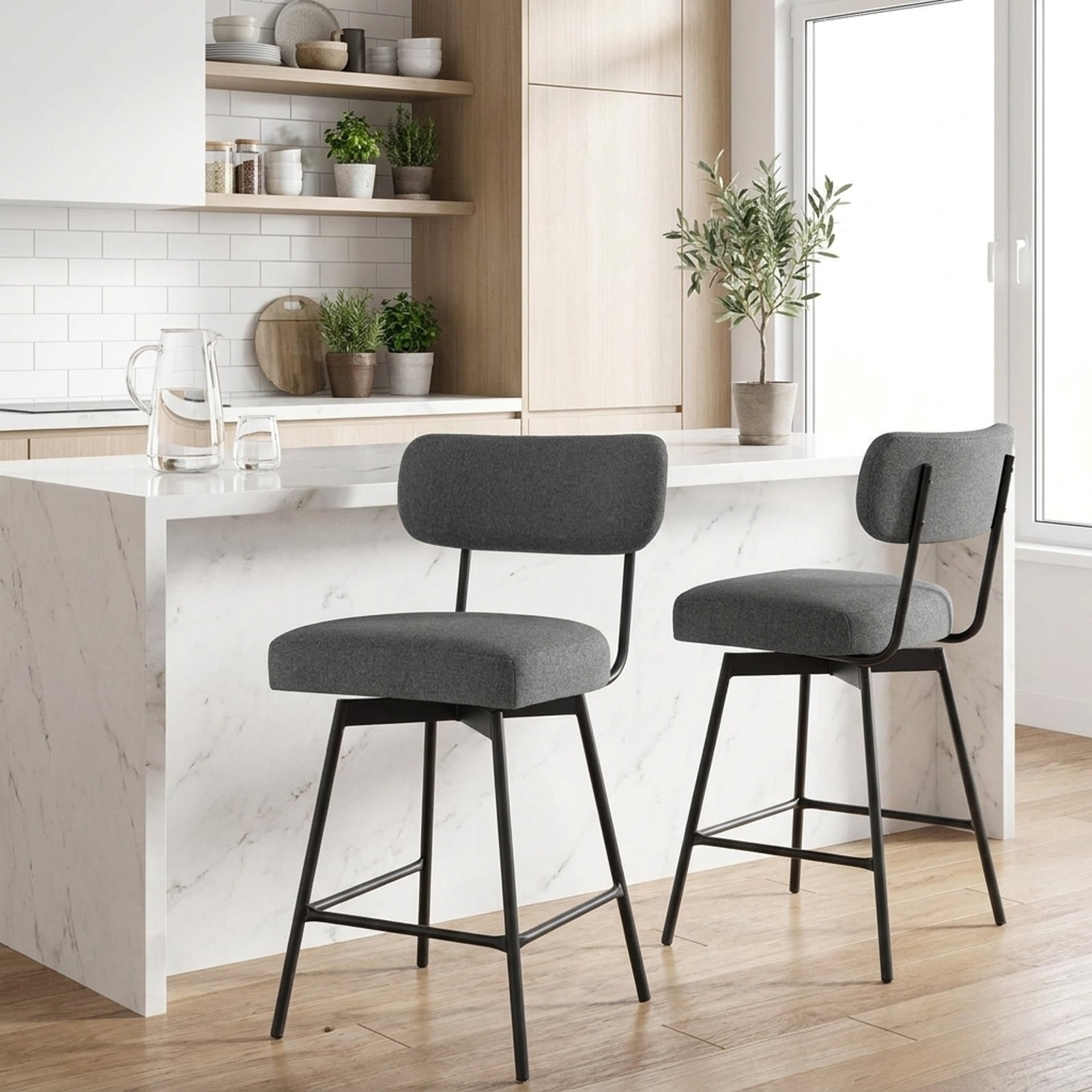 Furnibear Set of 2 Modern Upholstered Bar Stools 25 Inch with Back and Footrests in Gray
