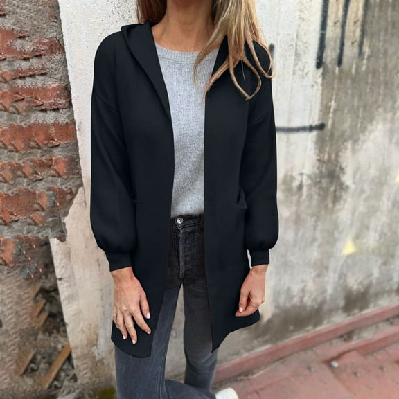 Neewe Womens Long Cardigans Open Front Oversized Hooded Fall Winter Outerwear Sweater Coat