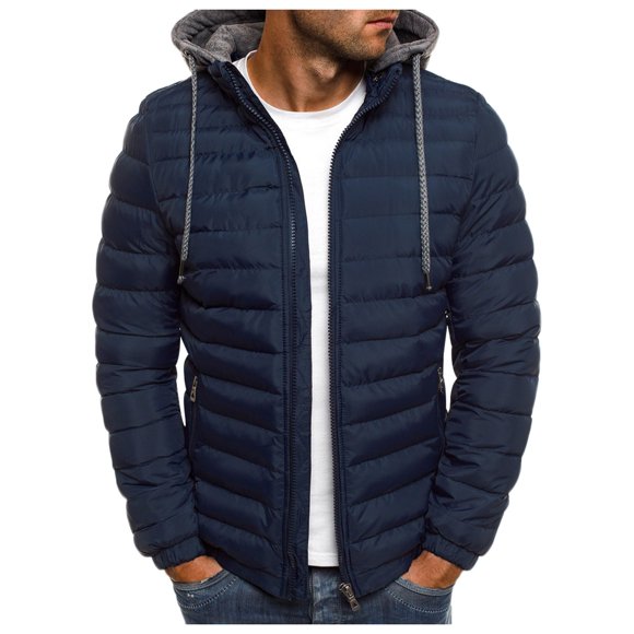 KaLI_Store Men Coat Clearance Fall Winter Men's Solid Hood Jacket Fashion Cotton Padded Jacket Men's Warm Cotton Puffer Jacket Navy,3XL