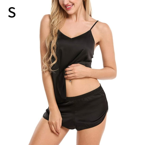 Conjunto de ropa de dormir para mujer Encantador chaleco con cuello en V, pantalones cortos, camisón, negro, S Inevent XX000231-06