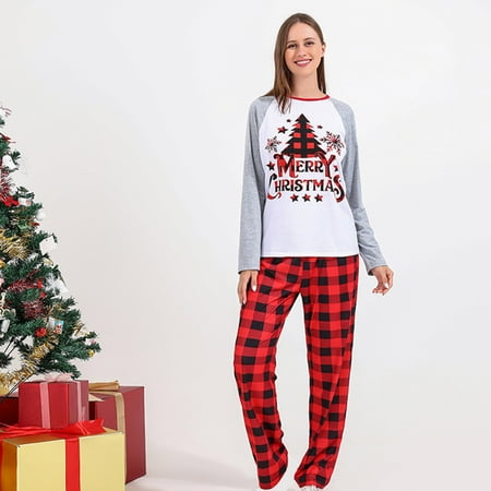 

women Christmas pajamas for family matching outfits son daughter sets soft White Woman Christmas Fashion Cute Lattice Christmas Tree Print Top Pants Suit Family Parent